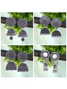MEENAZ Set Of 4 Silver-Plated Oxidised Peacock Shaped Jhumkas