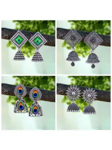 MEENAZ Set Of 4 Silver-Plated Artificial Beads Beaded Peacock Shaped Drop Earrings