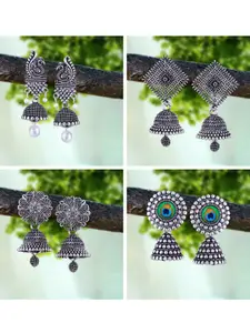 MEENAZ Set Of 4 Silver-Plated Oxidised Peacock Shaped Jhumkas