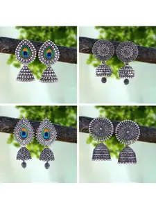 MEENAZ Set Of 4 Silver-Plated Oxidised Peacock Shaped Jhumkas