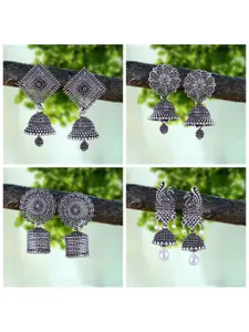 MEENAZ Set Of 4 Silver-Plated Oxidised Peacock Shaped Jhumkas