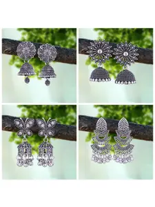 MEENAZ Pack Of 4 Silver-Plated Oxidised Peacock Shaped Jhumkas