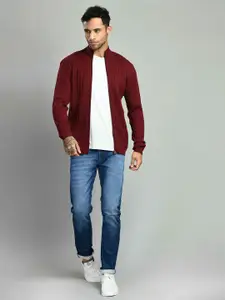 SQUIREHOOD Cable Knit Self Design Mock Collar Cotton Slim Fit Cardigan