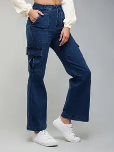 DOLCE CRUDO Women Wide Leg High-Rise Clean Look Stretchable Cargo Jeans
