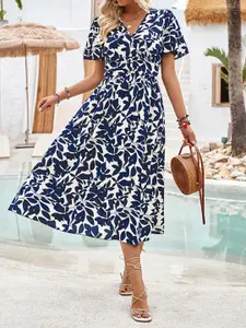 StyleCast Navy Blue Abstract Printed V-Neck Flared Sleeves Casual Fit & Flare Midi Dress