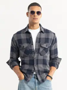 Snitch Spread Collar Long Sleeves Classic Tailored Opaque Checked Cotton Casual Shirt
