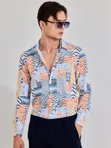 Snitch Blue Spread Collar Classic Slim Fit Printed Casual Shirt