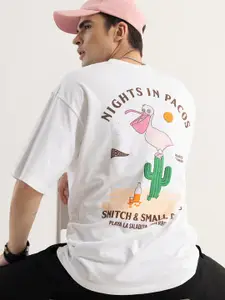 Snitch White Typography Printed Oversized Cotton T-shirt