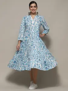 Biba Floral Printed Mandarin Collar Three-Quarter Sleeves A-Line Cotton Midi Dress