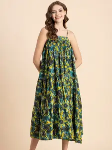 Moomaya Floral Print Shoulder Straps A-Line Midi Dress