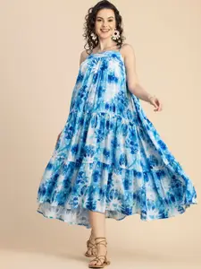 Moomaya Tie & Dye Printed Square Neck Sleeveless Tiered A-Line Midi Dress