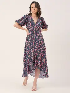 Moomaya V-neck  Floral Print Short Flared Sleeve Midi Dress