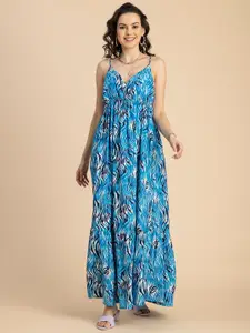 Moomaya Abstract Printed V-Neck Sleeveless Tiered Maxi Dress