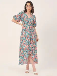 Moomaya Floral Print Flared Sleeve V-Neck Wrap Style Dress