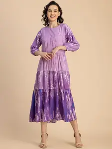 Moomaya Round Neck  three Quarter Puff Sleeve Printed  A-Line Midi Dress