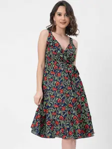 Moomaya  V Neck Sleeveless Floral Print Fit & Flare Dress