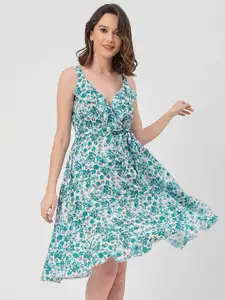 Moomaya Floral Print Shoulder Straps Ruffles Fit & Flare Dress