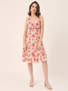Moomaya Floral Printed V-Neck Fit & Flare Midi Dress