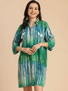 Moomaya Printed Three Quarter Sleeves Tie-Up Neck A-Line Dress
