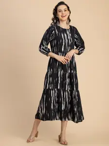 Moomaya Round Neck Three Quarter Sleeves Tie and Dye Print A-Line Midi Dress