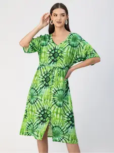Moomaya V-Neck Short Sleeves Tropical Print Fit & Flare Midi Dress