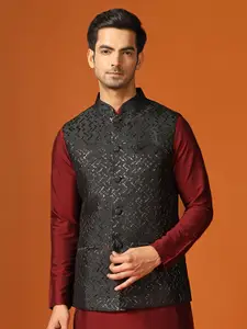 KISAH Mandarin Collar Woven Design Nehru Jacket