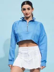 STREET 9 Blue Mock Collar Pure Cotton Crop Sweatshirt