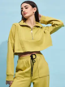 STREET 9 Lime Green Mock Collar Pure Cotton Crop Sweatshirt