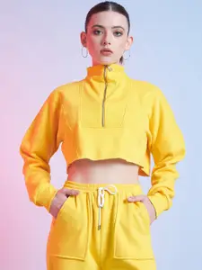 STREET 9 Yellow Mock Collar Pure Cotton Crop Sweatshirt