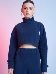 STREET 9 Navy Blue Mock Collar Crop Sweatshirt