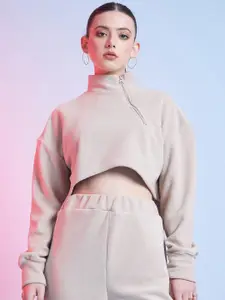 STREET 9 Beige Mock Collar Crop Sweatshirt