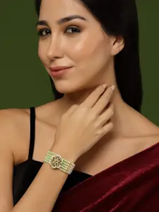 Sanjog Gold-Plated Pearl & Kundan AD Studded Green Multistrand Bracelets
