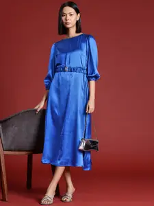 all about you Satin A-Line Midi Dress with Belt