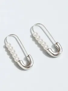 KRYSTALZ Silver-Plated Stainless Steel Pearls Beaded Contemporary Hoop Earrings