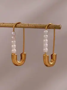 KRYSTALZ Gold-Plated Stainless Steel Pearls Beaded Contemporary Hoop Earrings