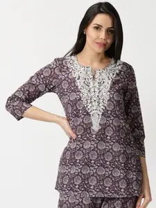 Saffron Threads Floral Printed Chikankari Pure Cotton Kurti