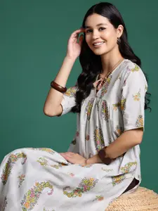 Sangria Floral Print Pleated Empire Kurta