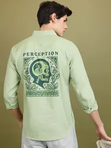 HIGHLANDER Green Slim Fit Graphic Printed Spread Collar Cotton Casual Shirt