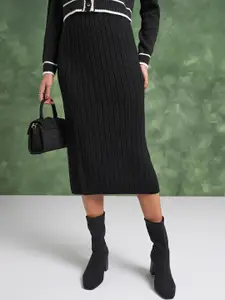 Tokyo Talkies Black Self-Design Straight Mini Skirt