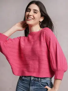 Tokyo Talkies Pink Striped Boat Neck Acrylic Pullover