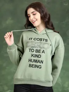 Tokyo Talkies Green Typography Printed Hooded Sweatshirt