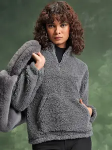 Tokyo Talkies Grey Self Design Mock Collar Sweatshirt