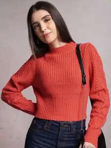 Tokyo Talkies Red Ribbed High Neck Acrylic Pullover