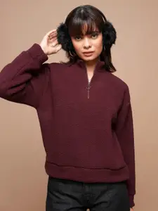 Tokyo Talkies Maroon Mock Collar Long Sleeve Zip Detail Pullover Sweatshirt