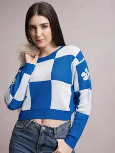 Tokyo Talkies Checked Jacquard Knitted Crop Acrylic Pullover