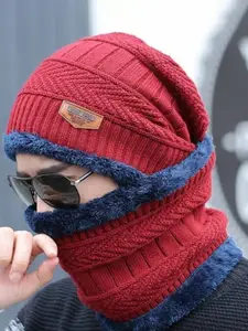 Alexvyan Men Self Design Woollen Beanie With Scarf