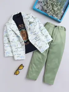 FOURFOLDS Boys Typography Printed T-Shirt & Trouser With Blazer