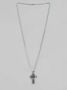 PARIS HAMILTON Men Rhodium-Plated Stainless Steel Cross with Ring Pendant & Chain