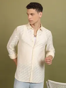 HIGHLANDER Self Design Drop-Shoulder Sleeves Crochet Oversized Casual Shirt