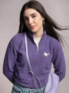 Tokyo Talkies Purple Self Design Long Sleeve Zip Detail Crop Pullover Sweatshirt